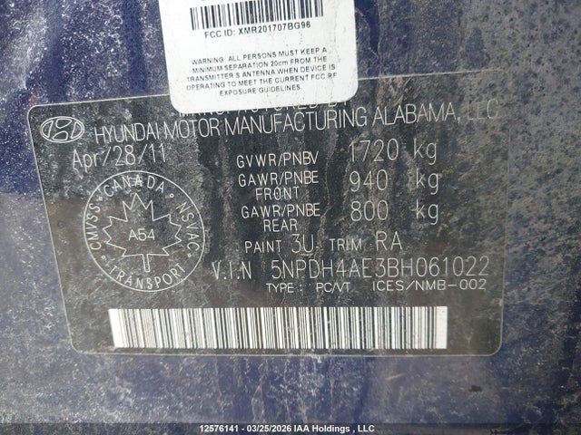 2011 Hyundai Elantra Gls/limited მანქანა იყიდება აუქციონზე, vin: 5NPDH4AE3BH061022, აუქციონის ნომერი: 12576141