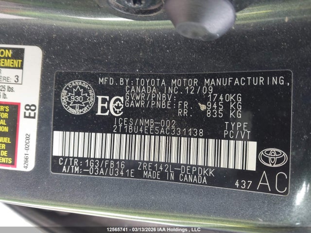 12565741 :رقم المزاد ، 2T1BU4EE5AC331138 vin ، 2010 Toyota Corolla Ce مزاد بيع