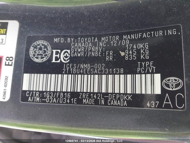 12565741 :رقم المزاد ، 2T1BU4EE5AC331138 vin ، 2010 Toyota Corolla Ce مزاد بيع