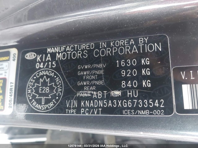 KNADN5A3XG6733542 KIA Rio Ex/ex+ W/sunroof/lx/lx+/lx+ Eco/sx