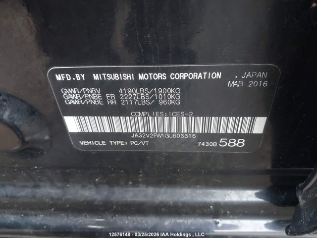 Продажа на аукционе авто 2016 Mitsubishi Lancer Es/gts/se Ltd, vin: JA32V2FW1GU603316, номер лота: 12576148