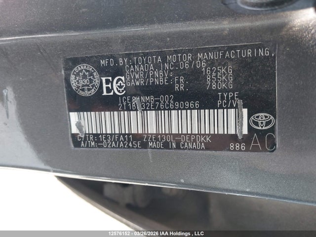 12576152 :رقم المزاد ، 2T1BR32E76C690966 vin ، 2006 Toyota Corolla مزاد بيع