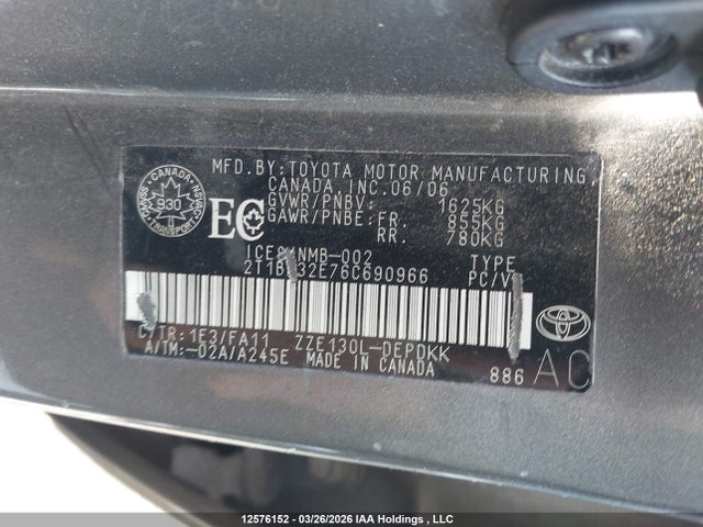 12576152 :رقم المزاد ، 2T1BR32E76C690966 vin ، 2006 Toyota Corolla مزاد بيع
