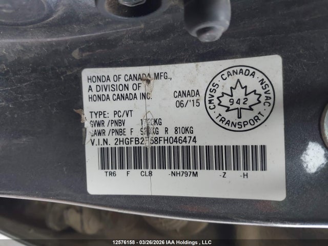 12576158 :رقم المزاد ، 2HGFB2F58FH046474 vin ، 2015 Honda Civic Lx مزاد بيع