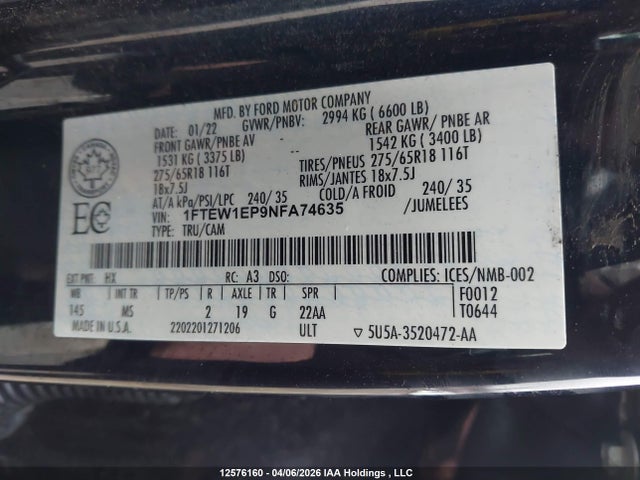 Продажа на аукционе авто 2022 Ford F-150 Xlt, vin: 1FTEW1EP9NFA74635, номер лота: 12576160