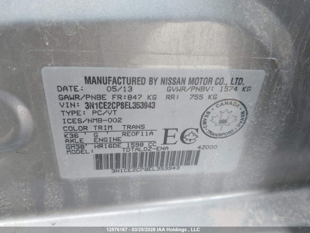 3N1CE2CP8EL353943 Nissan Versa Note S/s Plus/sv/sl
