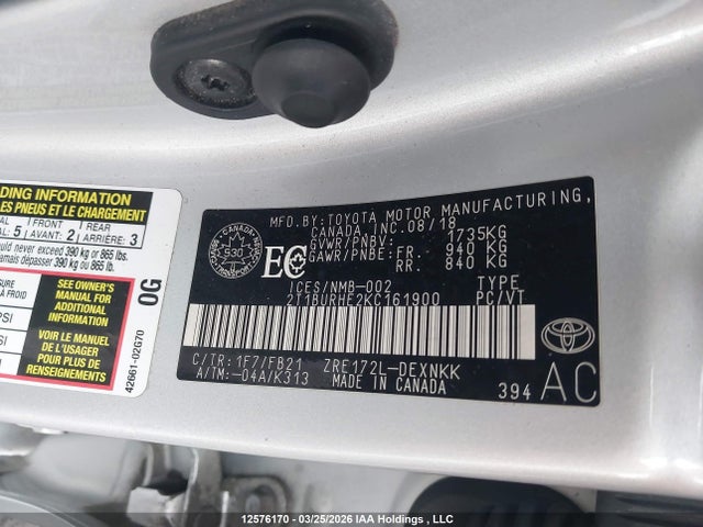 12576170 :رقم المزاد ، 2T1BURHE2KC161900 vin ، 2019 Toyota Corolla L/le/xle/se/xse مزاد بيع