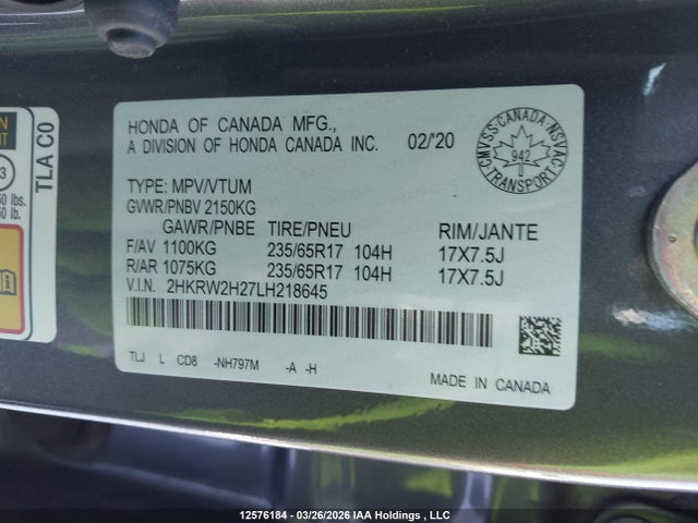 2HKRW2H27LH218645 Honda CR-V LX