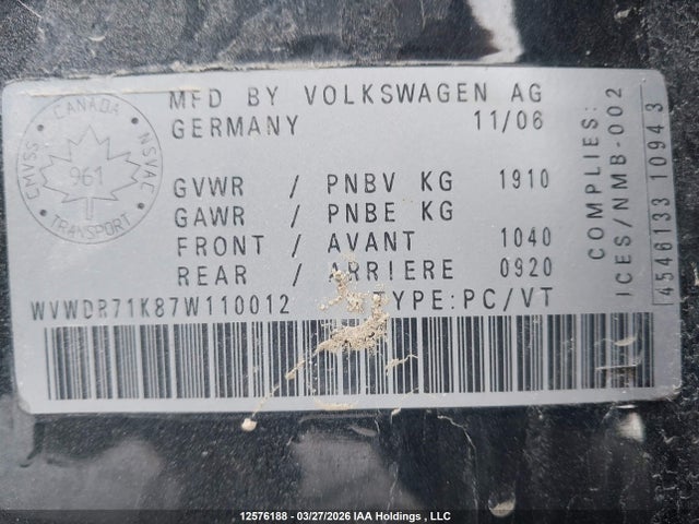 12576188 :رقم المزاد ، WVWDR71K87W110012 vin ، 2007 Volkswagen Rabbit 5-door مزاد بيع