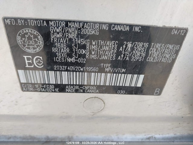 12576189 :رقم المزاد ، 2T3ZF4DV2CW119560 vin ، 2012 Toyota Rav4 مزاد بيع