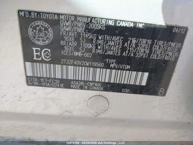 12576189 :رقم المزاد ، 2T3ZF4DV2CW119560 vin ، 2012 Toyota Rav4 مزاد بيع