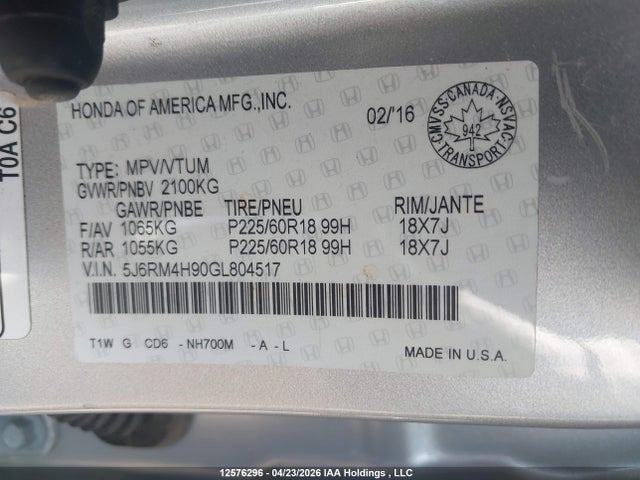 Aukcja sprzedaży 2016 Honda Cr-v Touring, vin: 5J6RM4H90GL804517, numer aukcji: 12576296