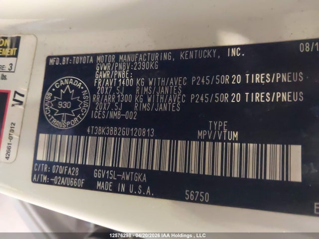 2016 Toyota Venza Xle მანქანა იყიდება აუქციონზე, vin: 4T3BK3BB2GU120813, აუქციონის ნომერი: 12576298