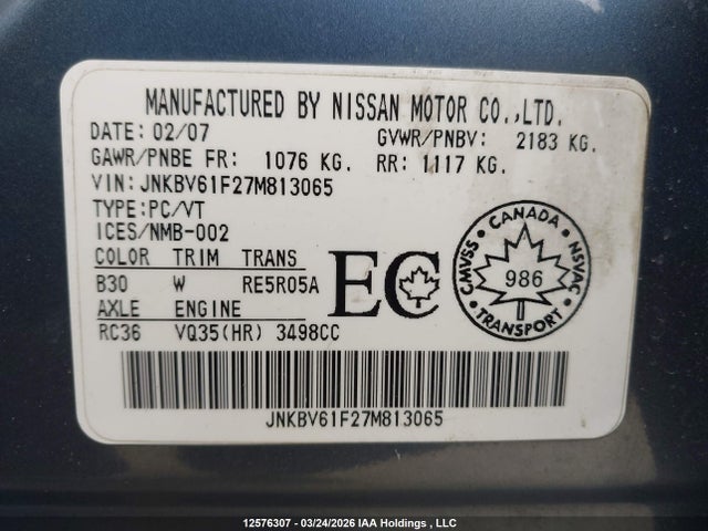 12576307 :رقم المزاد ، JNKBV61F27M813065 vin ، 2007 Infiniti G35x مزاد بيع