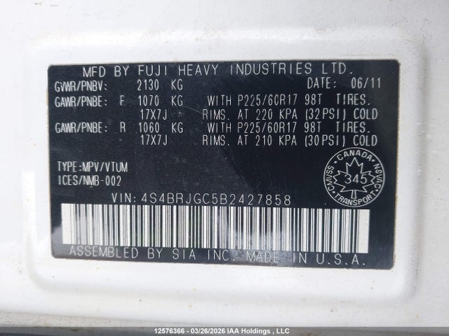 2011 Subaru Outback 3.6r Premium მანქანა იყიდება აუქციონზე, vin: 4S4BRJGC5B2427858, აუქციონის ნომერი: 12576366
