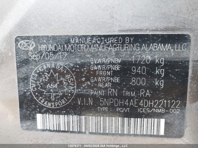 Продаж на аукціоні авто 2013 Hyundai Elantra, vin: 5NPDH4AE4DH221122, номер лоту: 12576371