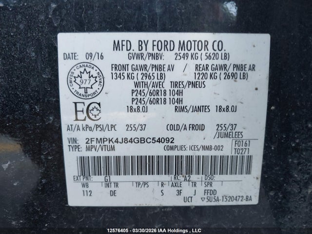 12576405 :رقم المزاد ، 2FMPK4J84GBC54092 vin ، 2016 Ford Edge مزاد بيع