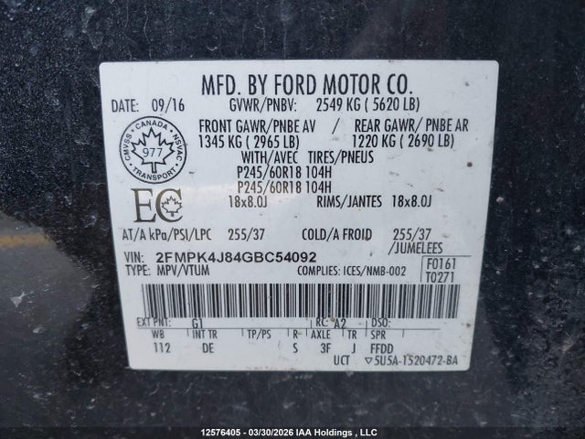 12576405 :رقم المزاد ، 2FMPK4J84GBC54092 vin ، 2016 Ford Edge مزاد بيع