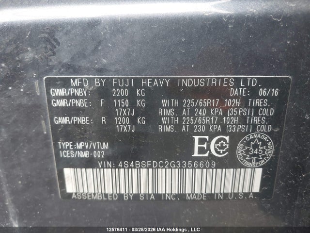 4S4BSFDC2G3356609 Subaru Outback 3.6r Touring Package