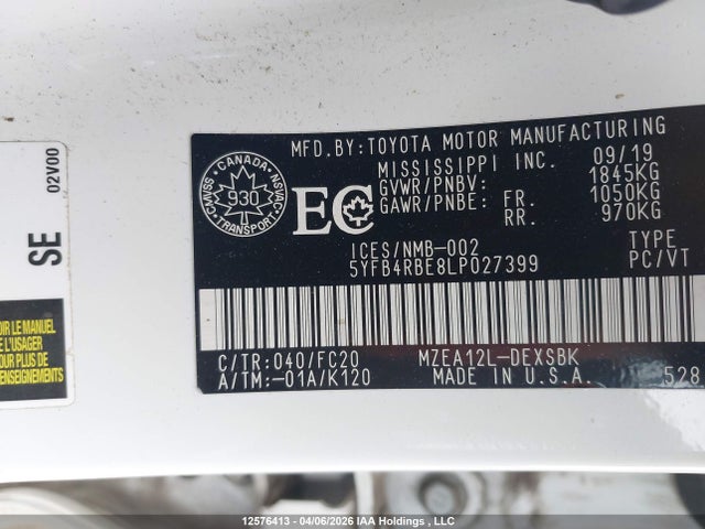 12576413 :رقم المزاد ، 5YFB4RBE8LP027399 vin ، 2020 Toyota Corolla Se/xse مزاد بيع
