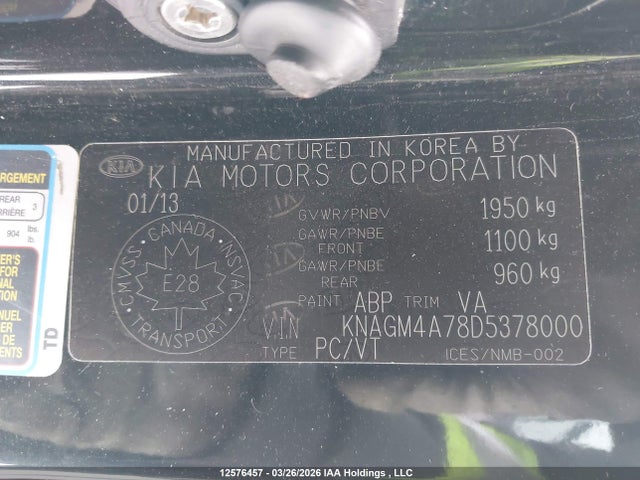 12576457 :رقم المزاد ، KNAGM4A78D5378000 vin ، 2013 Kia Optima Lx مزاد بيع