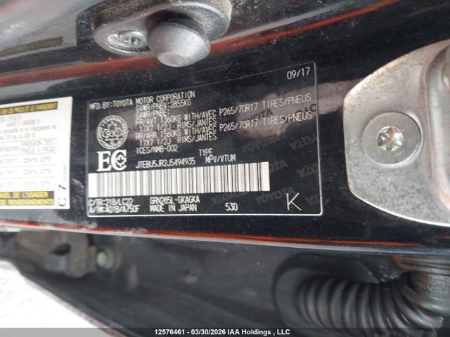 12576461 :رقم المزاد ، JTEBU5JR2J5494935 vin ، 2018 Toyota 4runner Sr5 مزاد بيع