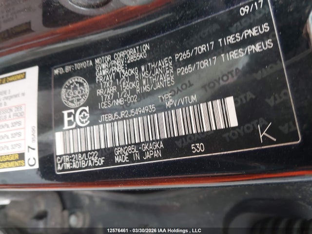 12576461 :رقم المزاد ، JTEBU5JR2J5494935 vin ، 2018 Toyota 4runner Sr5 مزاد بيع