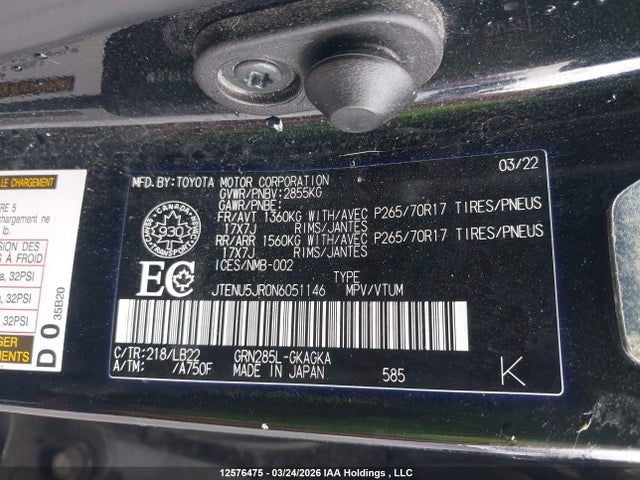 2022 Toyota 4runner მანქანა იყიდება აუქციონზე, vin: JTENU5JR0N6051146, აუქციონის ნომერი: 12576475
