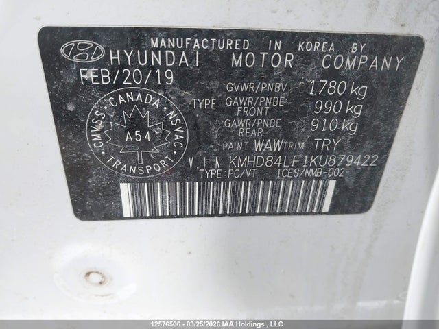 KMHD84LF1KU879422 Hyundai Elantra Preferred