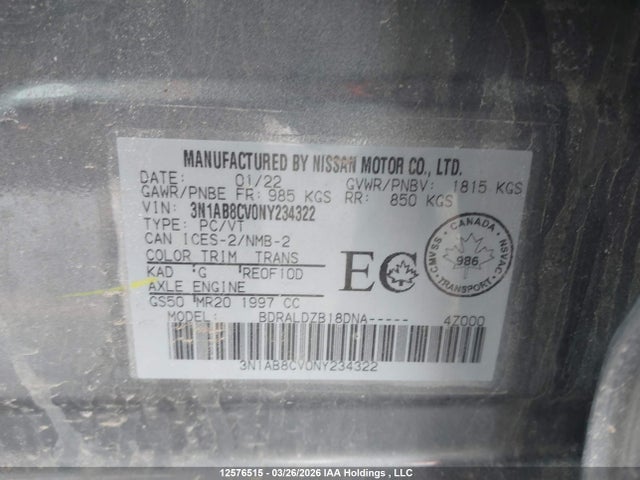 3N1AB8CV0NY234322 Nissan SENTRA SV