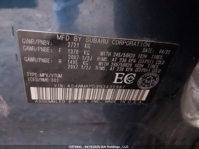 Subaru Ascent Limited 2022 4S4WMAPD9N3432987 Image 19