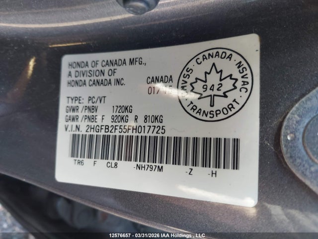 2015 Honda Civic Ex მანქანა იყიდება აუქციონზე, vin: 2HGFB2F55FH017725, აუქციონის ნომერი: 12576657