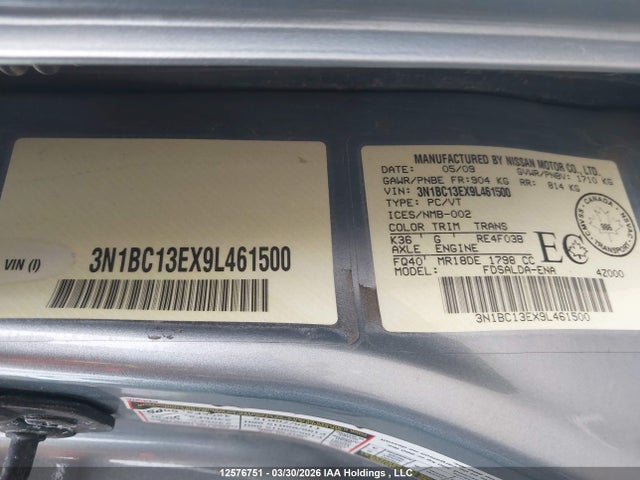 Aukcja sprzedaży 2009 Nissan Versa, vin: 3N1BC13EX9L461500, numer aukcji: 12576751