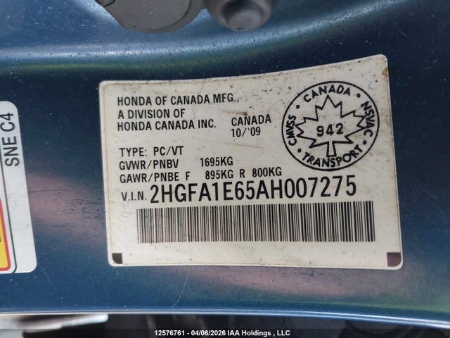 2010 Honda Civic მანქანა იყიდება აუქციონზე, vin: 2HGFA1E65AH007275, აუქციონის ნომერი: 12576761
