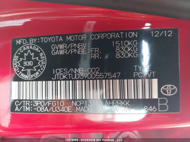 12576869 :رقم المزاد ، JTDKTUD39DD557547 vin ، 2013 Toyota Yaris مزاد بيع