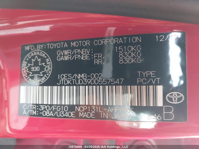 12576869 :رقم المزاد ، JTDKTUD39DD557547 vin ، 2013 Toyota Yaris مزاد بيع