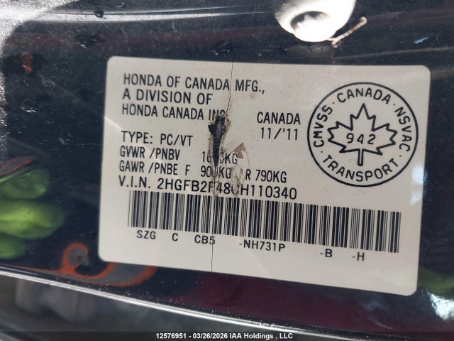 2012 Honda Civic მანქანა იყიდება აუქციონზე, vin: 2HGFB2F48CH110340, აუქციონის ნომერი: 12576951