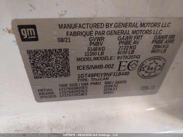 Aukcja sprzedaży 2022 Gmc Sierra 2500hd At4, vin: 1GT49PEY9NF118440, numer aukcji: 12576979