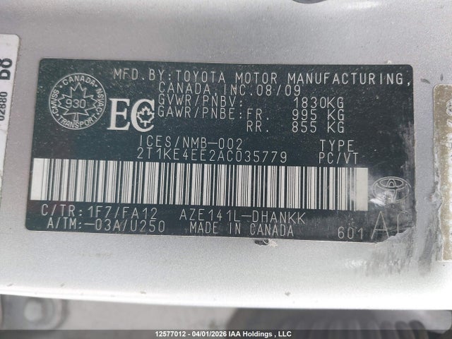 12577012 :رقم المزاد ، 2T1KE4EE2AC035779 vin ، 2010 Toyota Corolla Matrix S مزاد بيع