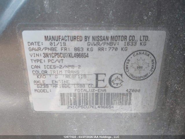 3N1CP5CU7KL496654 Nissan Kicks