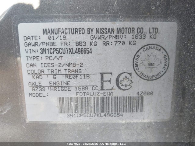 3N1CP5CU7KL496654 Nissan Kicks