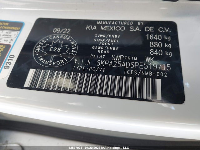 12577033 :رقم المزاد ، 3KPA25AD6PE519715 vin ، 2023 Kia Rio مزاد بيع