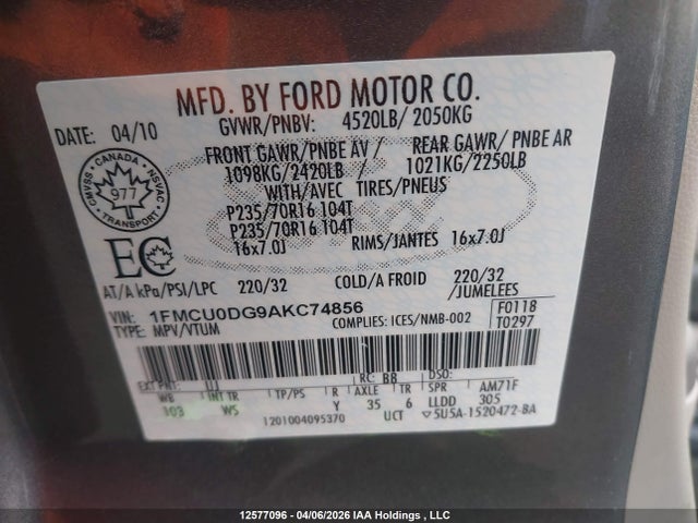 12577096 :رقم المزاد ، 1FMCU0DG9AKC74856 vin ، 2010 Ford Escape Xlt Automatic مزاد بيع