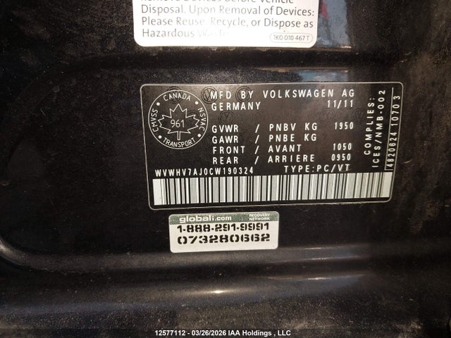 12577112 :رقم المزاد ، WVWHV7AJ0CW190324 vin ، 2012 Volkswagen Gti مزاد بيع