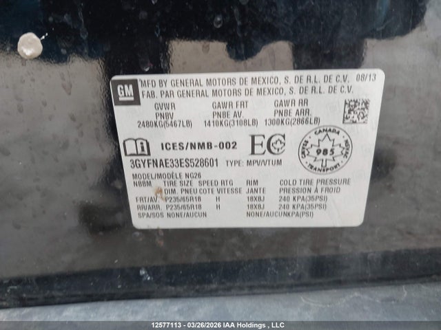 12577113 :رقم المزاد ، 3GYFNAE33ES528601 vin ، 2014 Cadillac Srx مزاد بيع