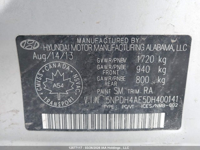 Продаж на аукціоні авто 2013 Hyundai Elantra Gls/limited, vin: 5NPDH4AE5DH400141, номер лоту: 12577117