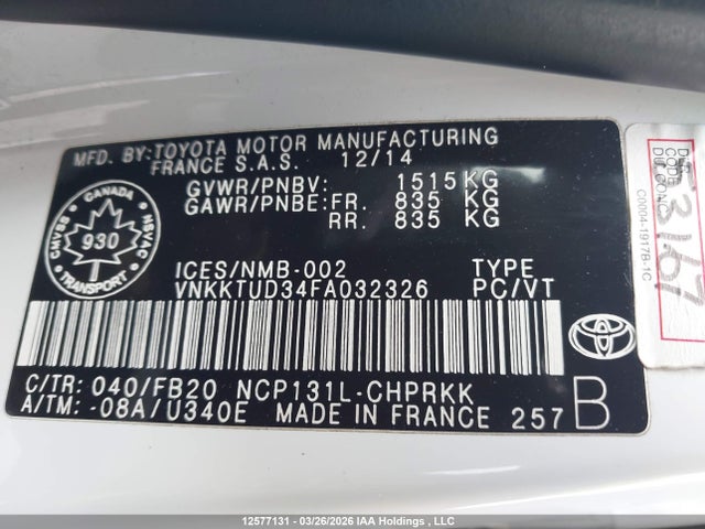 VNKKTUD34FA032326 Toyota YARIS LE
