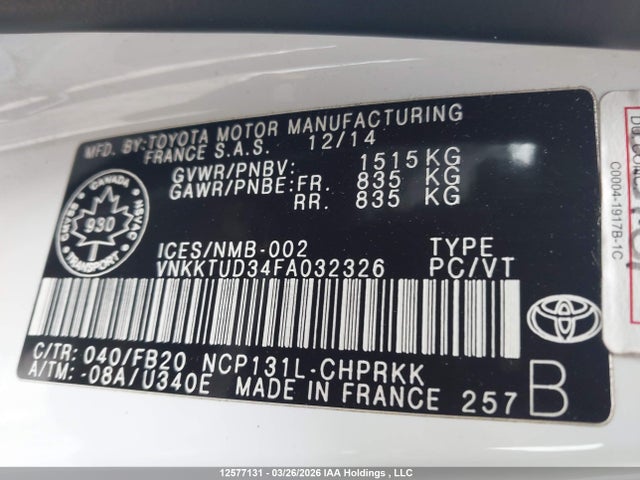 VNKKTUD34FA032326 Toyota YARIS LE