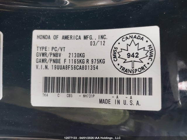 12577133 :رقم المزاد ، 19UUA8F56CA801354 vin ، 2012 Acura Tl مزاد بيع