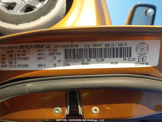12577135 :رقم المزاد ، 1C6RD7NT5CS277752 vin ، 2012 Ram 1500 Laramie مزاد بيع
